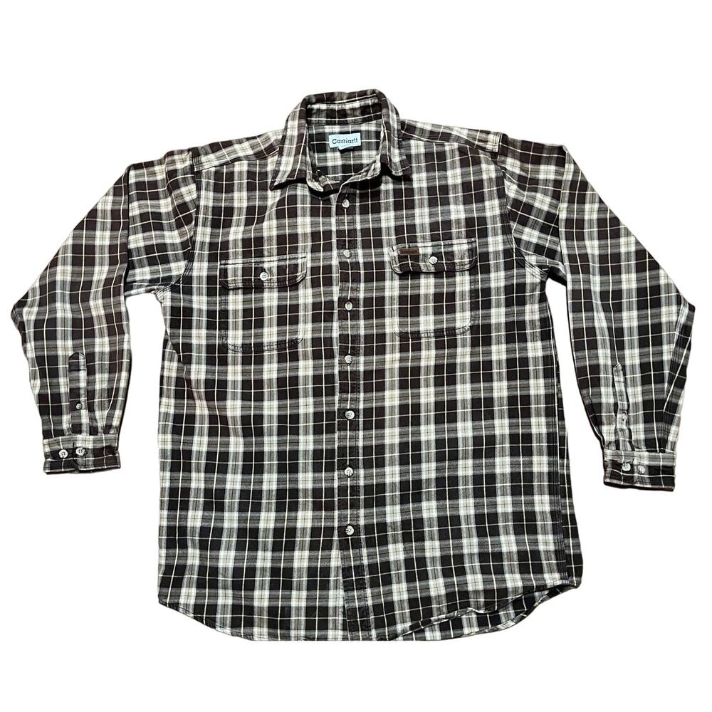 Flannel Shirt Carhartt Men's Large Tall Brown Plaid L/S Heavy Cotton S138DKB